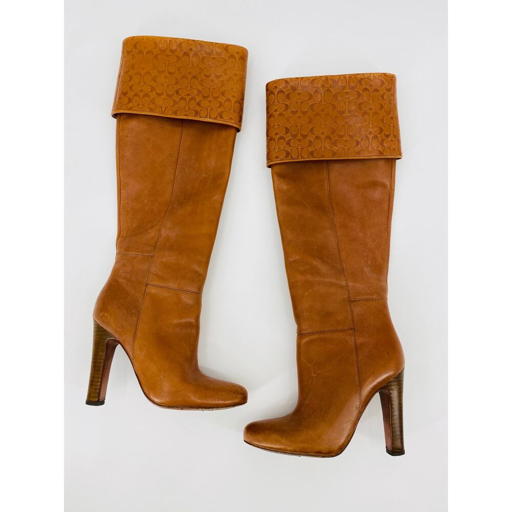 Coach Y2K harper Cognac Brown Leather Foldover Logo Heeled Boots - Picture 3 of 10